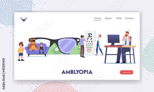 Lazy Eye, Amblyopia Disease Landing Page Template. Tiny Characters Visiting Oculist Doctor for Sight Treatment