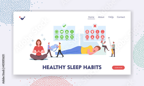 Healthy Sleep Habits Landing Page Template. Characters with Tips for Good or Bad Sleeping. Relaxed Woman in Bedroom