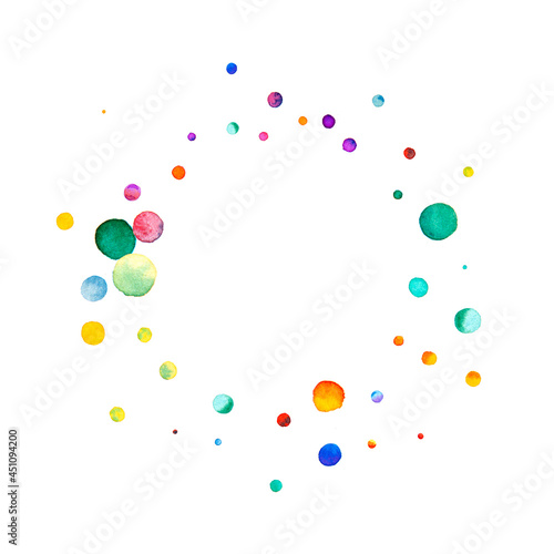 Watercolor confetti on white background. Admirable rainbow colored dots. Happy celebration square colorful bright card. Sublime hand painted confetti.