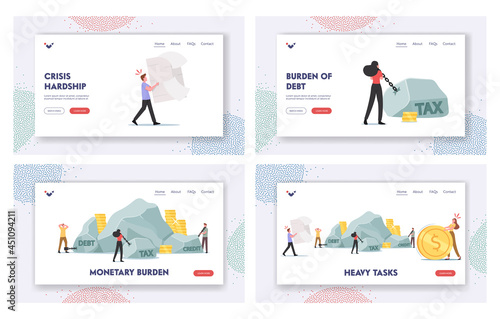 Heavy Burden, Taxation Loan Landing Page Template Set. Tired Business Characters Carry Huge Stone, Paper Form, Bank Debt