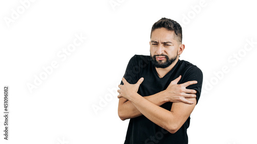 man in black shirt cold gesture on white background