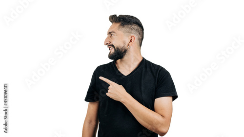 man in black shirt pointing finger on white background