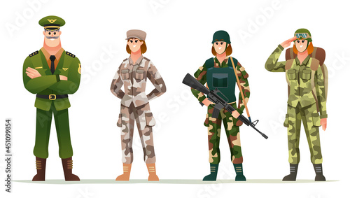Army captain with woman soldiers in various camouflage uniforms character set