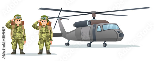 Cute little boy and girl army soldier carrying backpack characters with military helicopter cartoon illustration