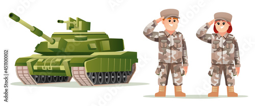Cute boy and girl army soldier characters with tank cartoon illustration
