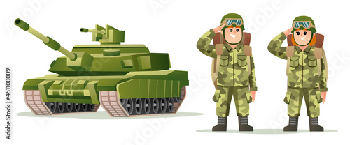 Cute male and female army soldier carrying backpack characters with tank cartoon illustration