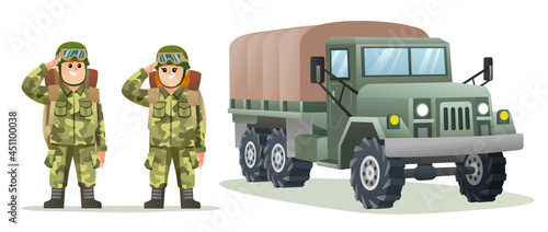 Cute boy and girl army soldier carrying backpack characters with military truck cartoon illustration