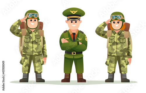 Cute army captain with male and female soldiers carrying backpack character set