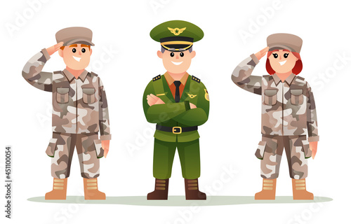Cute army captain with boy and girl soldiers cartoon character set