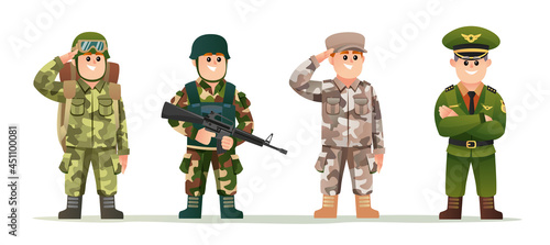 Cute little army captain with soldiers in various camouflage costumes character set