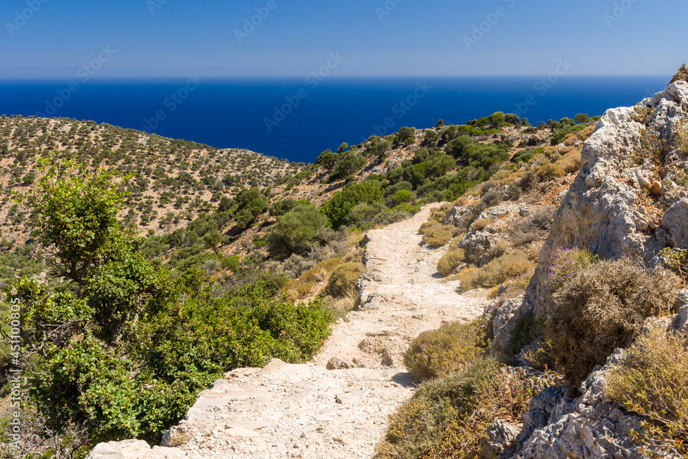 Rugged coastline and walking trails at Katholiko on the northern coast of Chania, Crete