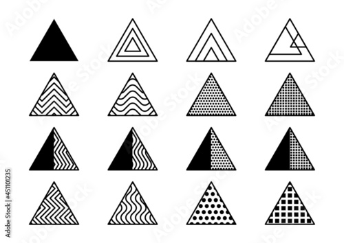 Trójkąty. Zestaw minimalistycznych elementów geometrycznych. Abstrakcyjna ilustracja wektorowa.