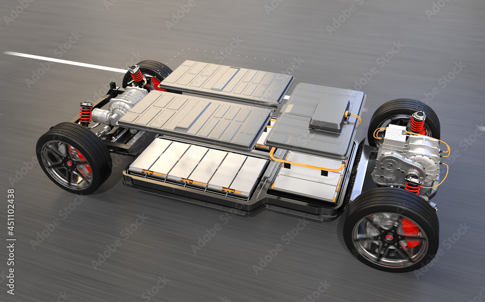 Explode view of electric vehicle chassis equipped with battery pack on
