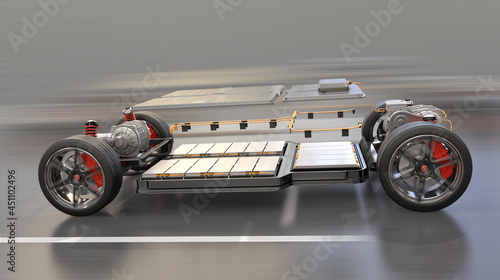 Explode view of electric vehicle chassis equipped with battery pack driving on the road. 3D rendering image.