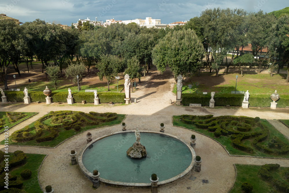 High Angle View Of water fountain garden walkways Against trees and Sky