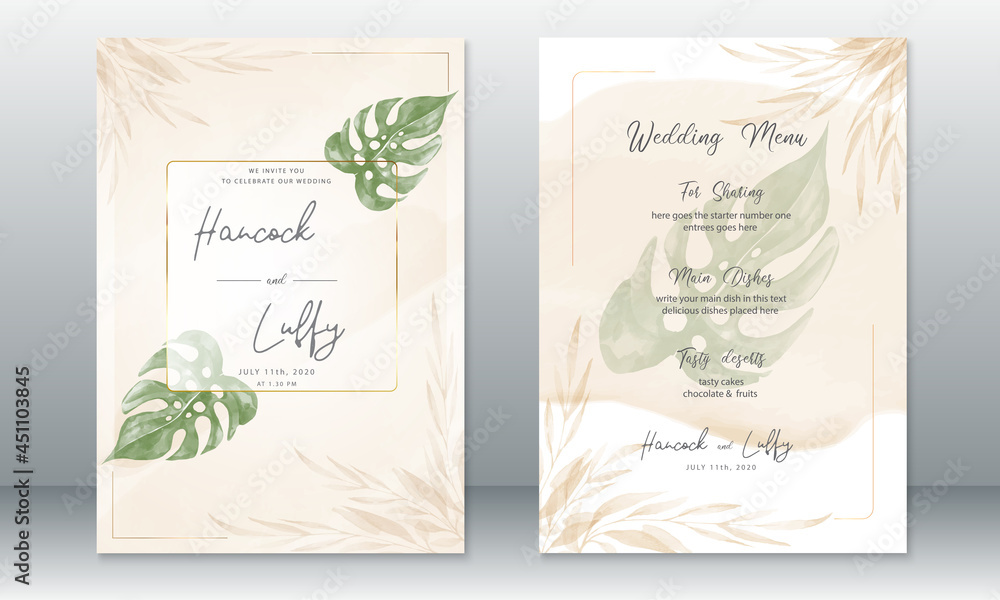   Luxury wedding invitation card template watercolor background elegant with golden frame and green leaf