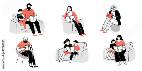 Set people read books. Seniors, family read books everywhere. Love, read modern literature fans isolated on white background. Flat cartoon vector illustration.