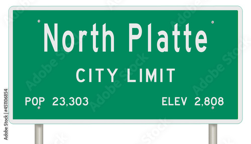 Rendering of a green Nebraska highway sign with city information
