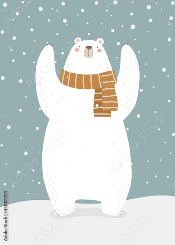 Polar bear with scarf on snowy background. Cartoon style hand drawn vector illustration. For greeting card, poster, print, web banner, etc.