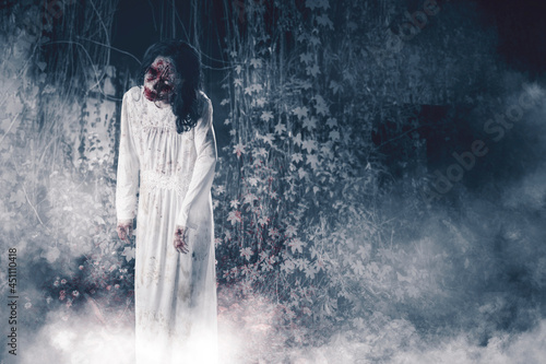 Creepy female ghost standing on the misty forest