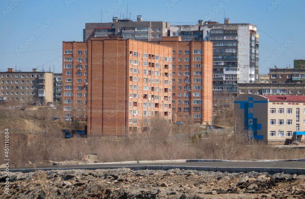 Apartment buildings. Ust-Kamenogorsk (Kazakhstan). Cityscape. Urban architectural background. Old and new residential buildings