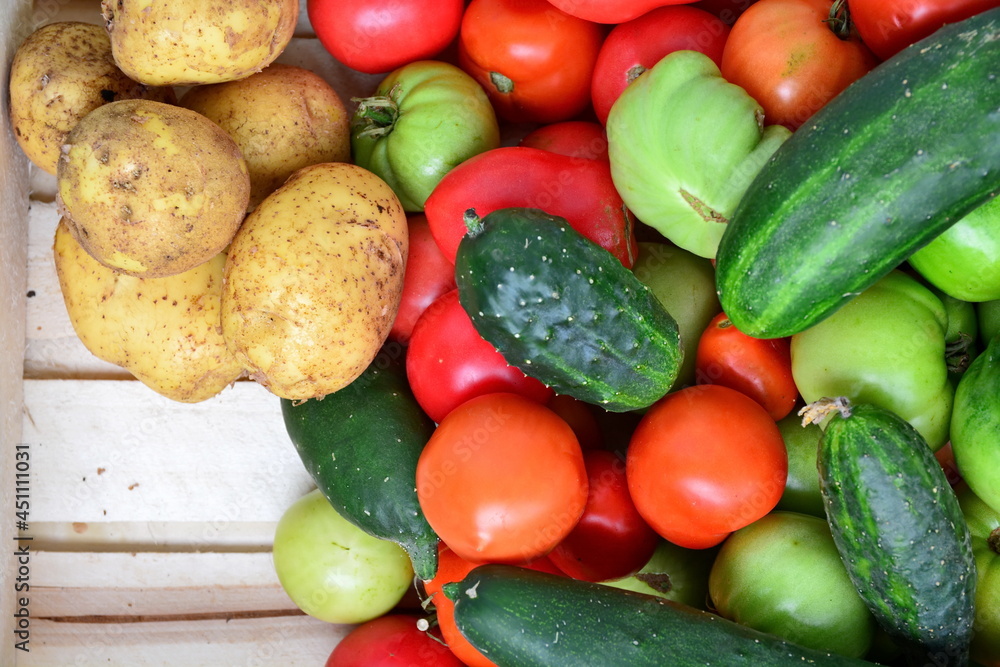 Vegetables in a wooden box. Heap of natural red and green tomatoes, yellow fresh tuber of potatoes and cucumbers on the boards. Top view, copy space Vegetables in a wooden box. Heap of natural red and green tomatoes, yellow fresh tuber of potatoes and cucumbers on the boards. Top view, copy space