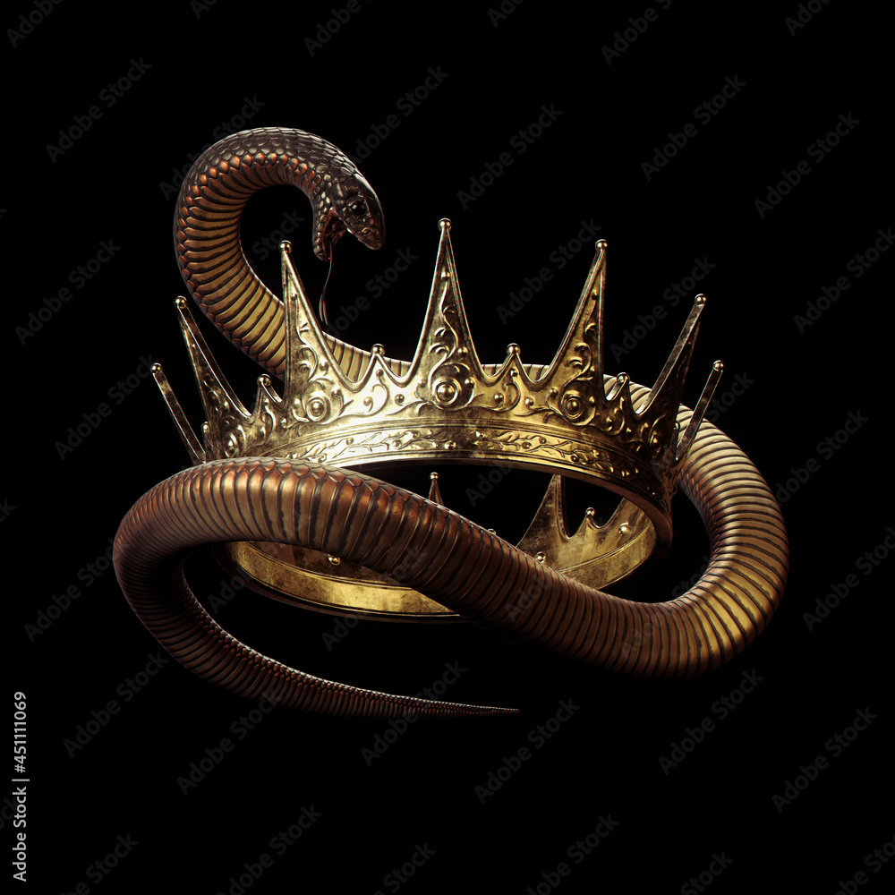 Obraz premium Golden crown with black snake on dark background 