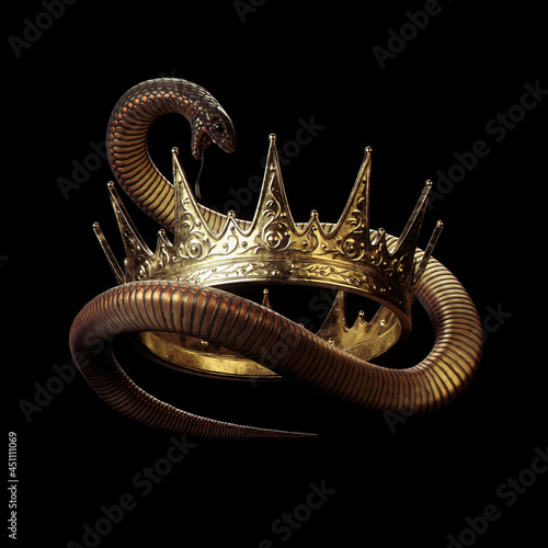 Fotografia, Obraz Golden crown with black snake on dark background