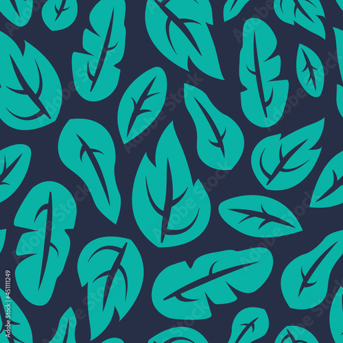 Quirky leaf seamless vector pattern. Vibrant, bold aqua, teal jungle leaves on navy blue background. Hand drawn illustrated, flat design repeat wallpaper texture. Botanical, summer nature art print. 