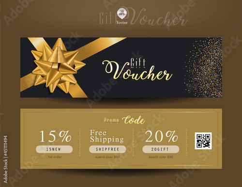 Collection of discount gift voucher template with ribbons bow and promo code. Detailed and realistic Vector illustration.