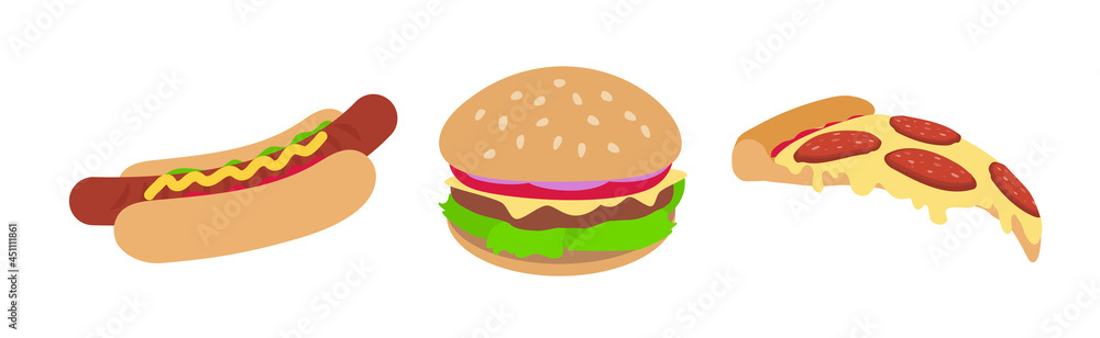 delicious fast food hot dog burger and pepperoni pizza slice vector illustration delicious fast food hot dog burger and pepperoni pizza slice vector illustration