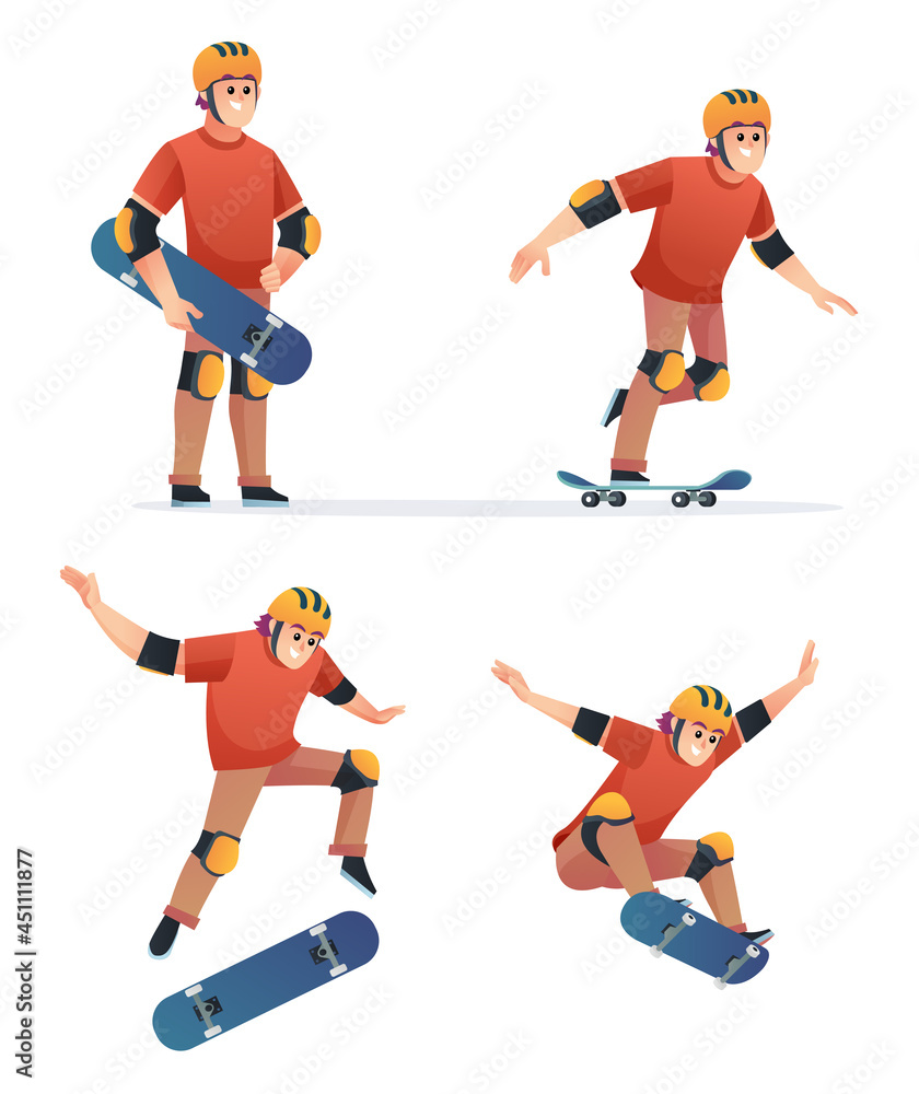Set of young boy playing skateboard in various poses illustration