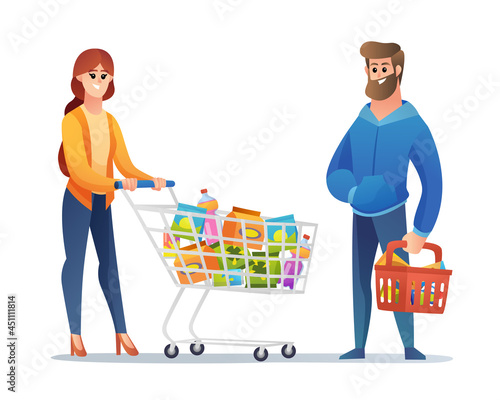Happy man and woman shopping cartoon character set