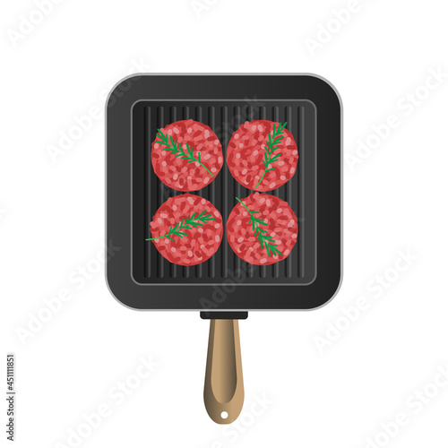 raw burger beef patties on grill frying pan top view vector illustration