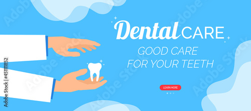dental care doctor hands hold clean white tooth . teeth protection and treatment vector illustration