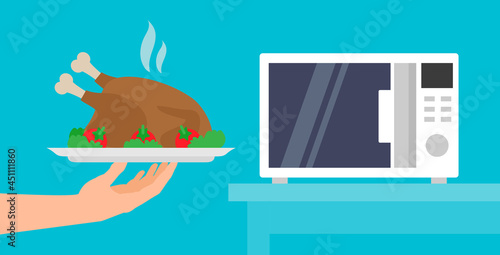 hand holding tray with whole chicken or turkey microwave heat  vector flat illustration