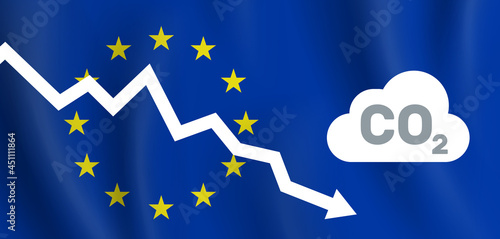 EU reducing co2 carbon dioxide emission  graph down european union flag background vector illustration
