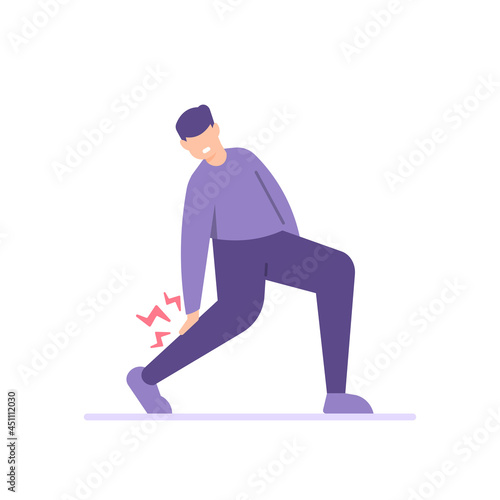 illustration of a man who is in pain because his calf or leg feels sore. holding feet, nerve disease and inflammation of the muscles. the expression of the person who feels pain. flat cartoon style