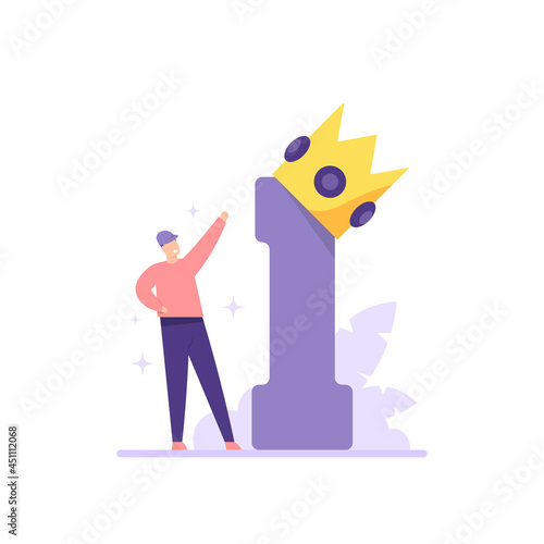 illustration of people who are happy because they get number one and crown. the concept of the champion, the best employee, the winner, gets the award. flat cartoon style. vector design