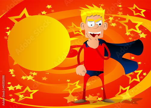 Funny cartoon man dressed as a superhero holding finger under his mouth. Vector illustration.