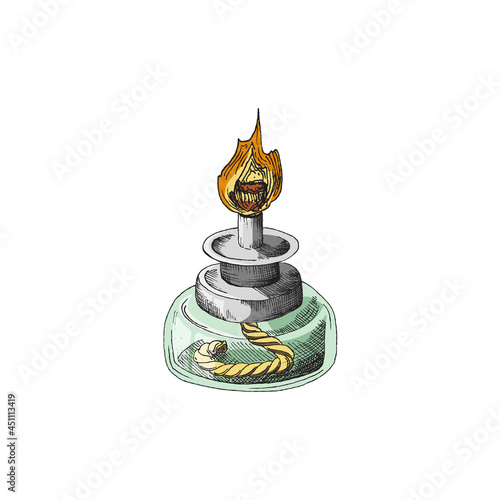 Hand drawn spirit lamp for scientific lab. Color vector sketch illustration of chemical medical laboratory equipment.