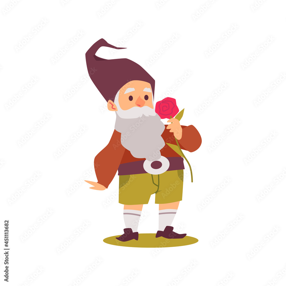 Cute garden gnome or dwarf with flower, flat vector illustration isolated. Cute garden gnome or dwarf with flower, flat vector illustration isolated.