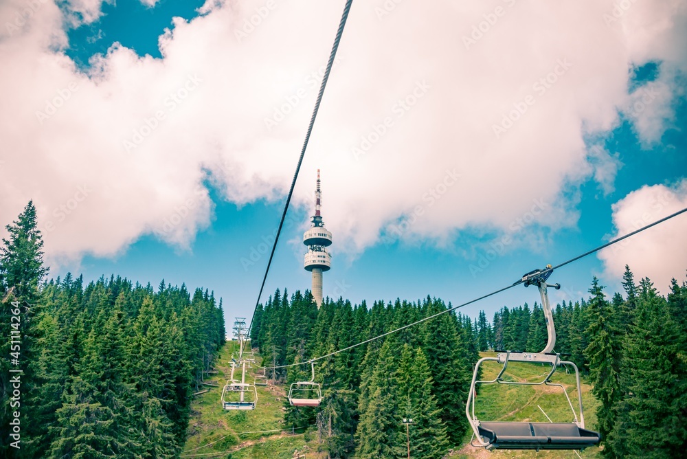 A view from the seated lift to the television tower Snejanka near by Pamporovo resort in Rhodopi mountain, Bulgaria.
