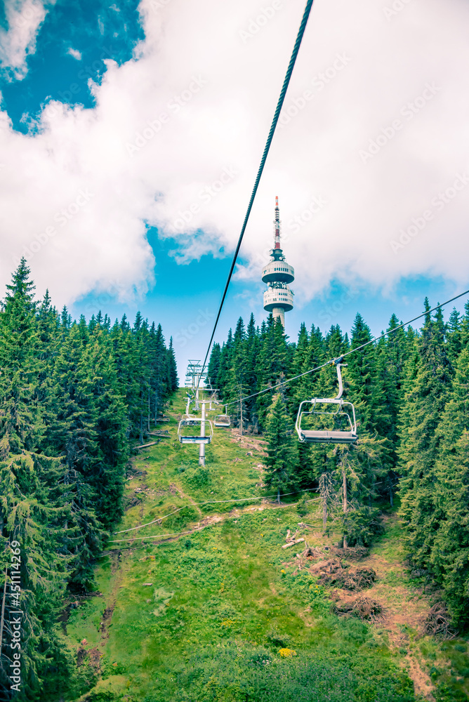 A view from the seated lift to the television tower Snejanka near by Pamporovo resort in Rhodopi mountain, Bulgaria.