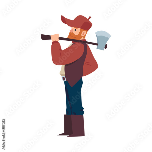 Lumberjack or woodcutter cartoon character standing in profile holding axe