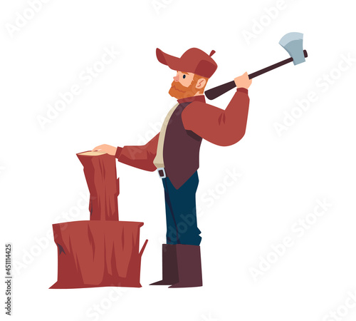 Woodcutter or lumberjack chopping wood with axe, vector illustration isolated.