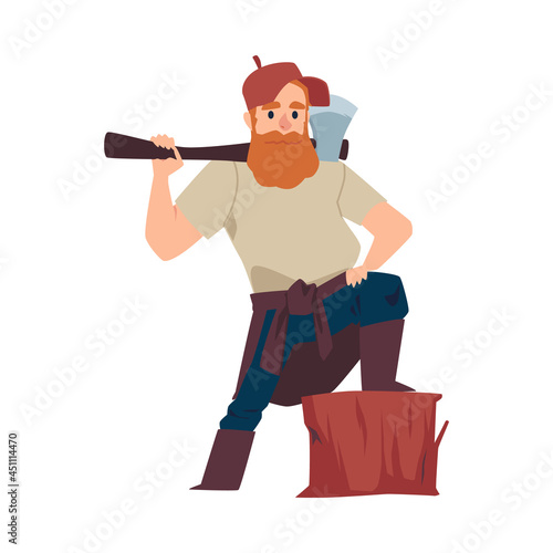 Lumberjack holding axe on his shoulder in flat vector illustration isolated