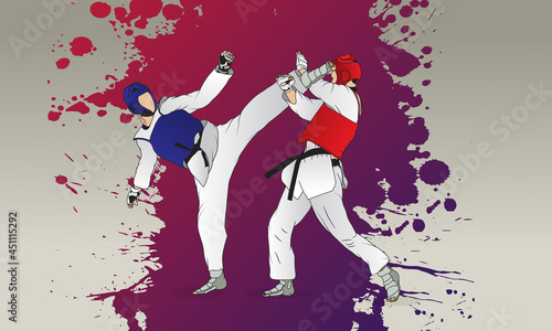 Sparring of two young fighters in taekwondo. Athletes in protective vests, gloves, helmet.