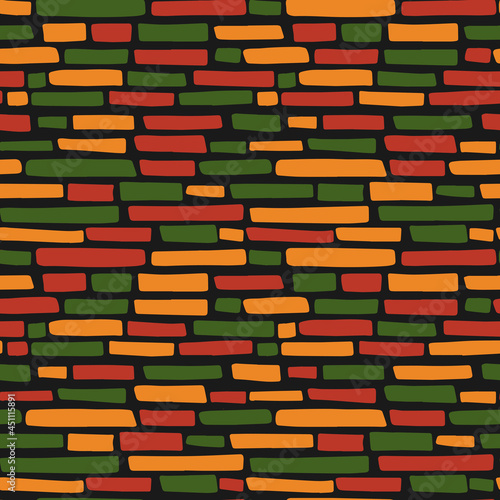 Abstract Kwanzaa, Black History Month, Juneteenth seamless pattern with hand drawn horizontal lines, bricks in traditional African colors - black, red, yellow, green. Vector ethnic background design