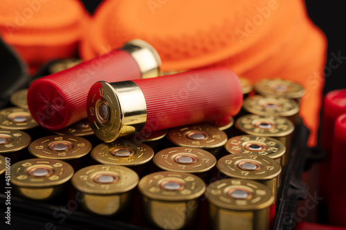 Shotgun shell bullets and clay shooting target , Can be used as a background